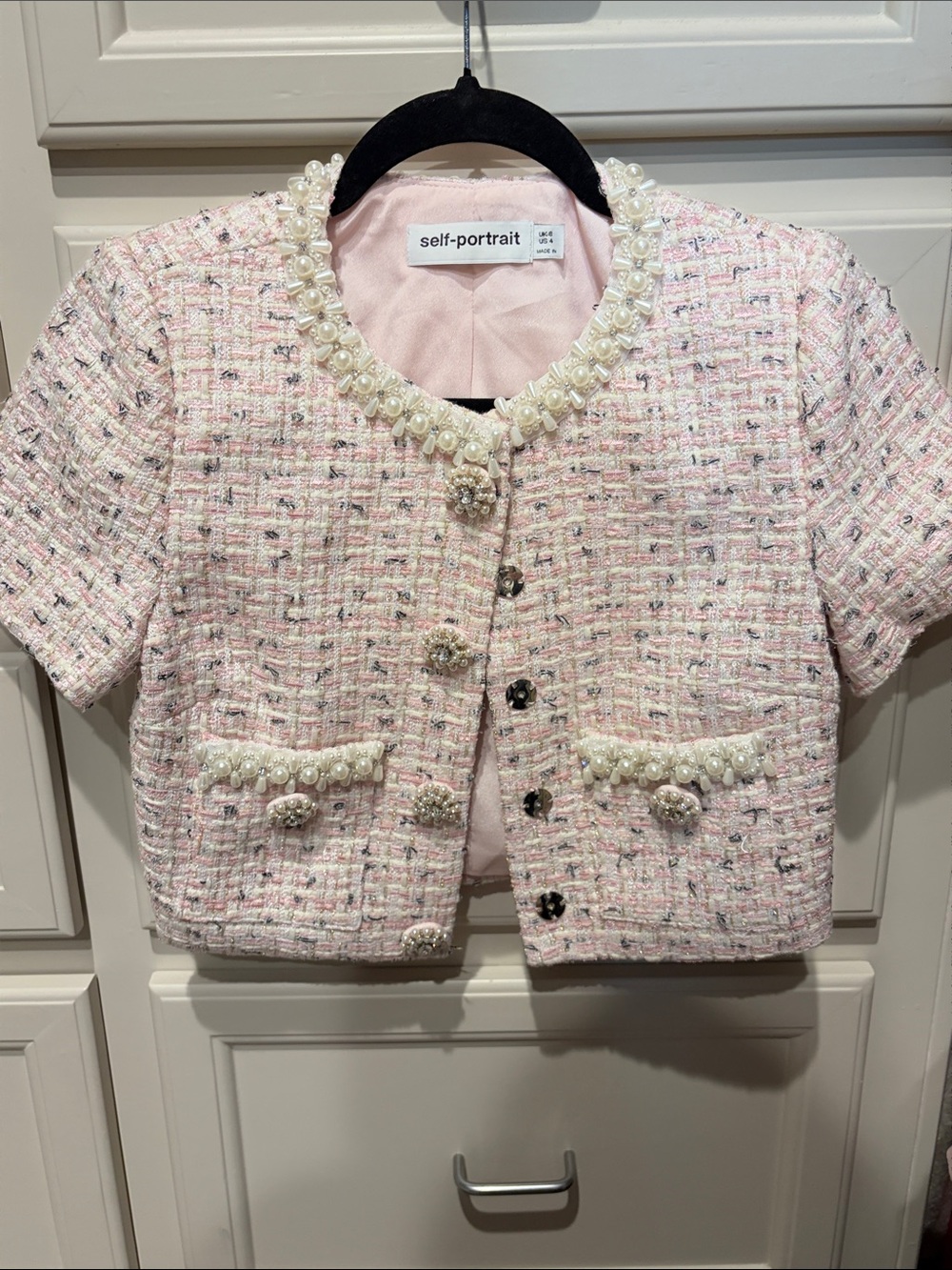 Self-Portrait Pink Pearl-Trim Tweed Cropped Jacket